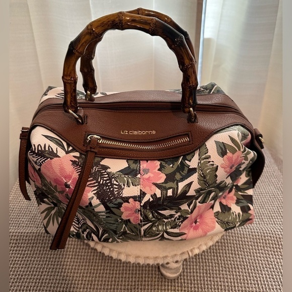Liz Claiborne Floral Handbag Faux Leather Faux Wood Handle - Picture 1 of 5